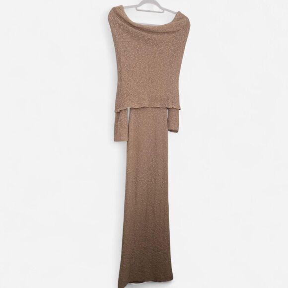 Meshki Marisol Wheat Bouclé Maxi Dress – Off-Shoulder Coquette Minimalist (XXS) - Picture 5 of 8